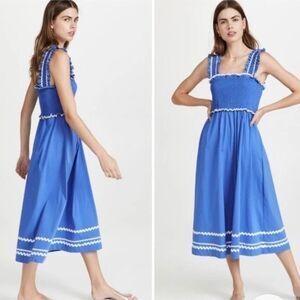 NWOT En Saison Smocked Ruffle Accent Cotton Midi Sun Dress in Cornflower Blue M